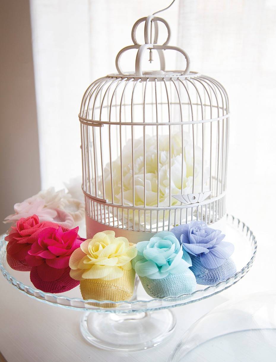 Multi-coloured cotton baby booties with chiffon flower
